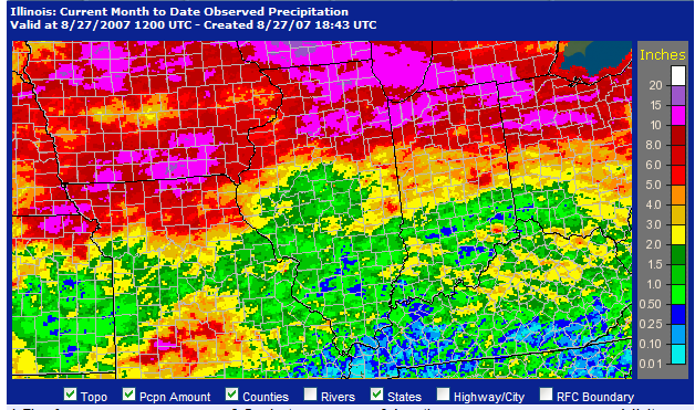 Radar-estimated rainfall for the Midwest for August 2007