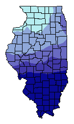 This map shows the winter minimum temperature suitability of this crop in the state of Illinois.