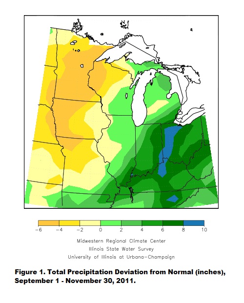 Total Precipitation Deviation From Normal (inches), September 1 - November 30, 2011.