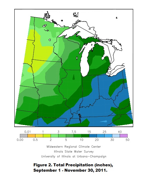 Total Precipitation Deviation From Normal (inches), September 1 - November 30, 2011.
