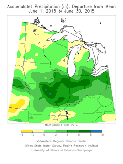 Accumulated Precipitation (in.): Departure from Mean, June 1, 2015 to June 30, 2015