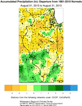 Accumulated Precipitation (in): Departure from 1981-2010 Normals Aug. 01, 2015 to Aug. 31, 2015 - click to enlarge Accumulated Precipitation (in): Departure from 1981-2010 Normals Aug. 01, 2015 to Aug. 31, 2015