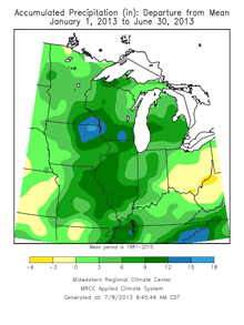 Accumulated Precipitation (in): Departure from Mean Jan 1, 2013 to June 30, 2013