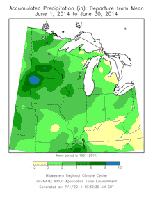 Accumulated Precipitation (in): Departure from Mean June 1, 2014 to June 30, 2014