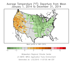 Illinois temperature departure map for 2014 for the lower 48 states - click to enlarge Illinois temperature departure map for 2014 for the lower 48 states