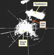 First radar tracking of a tornado's hook echo - click to enlarge First radar tracking of a tornado's hook echo