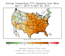 Average Temperature (F): Departure from Mean, April 1st, 2015 to April 20, 2015 - click to enlarge Average Temperature (F): Departure from Mean, April 1st, 2015 to April 20, 2015
