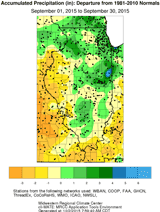 Accumulated Precipitation (in): Departure from 1981-2010 Normals Aug. 01, 2015 to Aug. 31, 2015 - click to enlarge Accumulated Precipitation (in): Departure from 1981-2010 Normals Aug. 01, 2015 to Aug. 31, 2015
