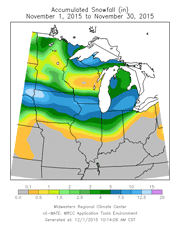 Accumulated Snowfall (in) November 1, 2015 to November 30, 2015 - click to enlarge Accumulated Snowfall (in) November 1, 2015 to November 30, 2015