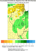 Accumulated Snowfall (in): Departure from 1981 - 2010 Normals, February 01 2016 to February 29 2016