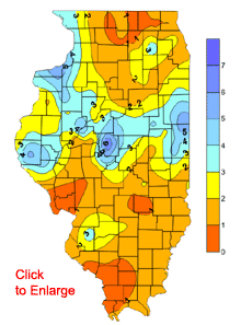 Figure.  July 2002 Precipitation (inches) 
				This graphic shows that precipitation varied from 0 to 6 inches across the state of Illinois 
				area during June.