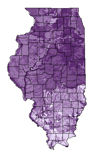 This map shows the soil pH suitability of this crop in the state of Illinois.