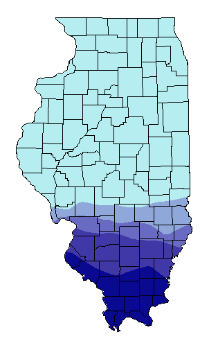 This map shows the winter minimum temperature suitability of this crop in the state of Illinois.