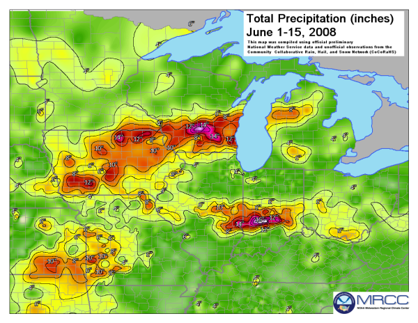 June 1-15, 2008, rainfall in the Midwest.