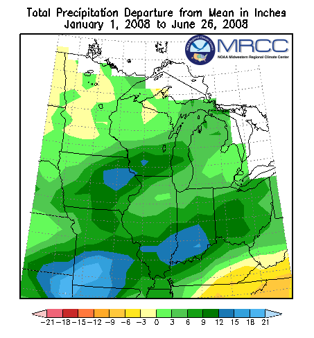 January 1 to June 26, 2008, precipitation departures for the Midwest.