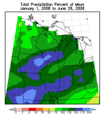 January 1 to June 26, 2008, percent of normal