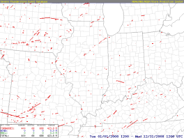 Small map of tornado reports in the US in 2008.