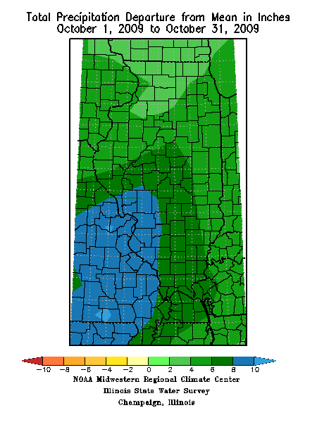 Illinois Rainfall in October, departure from normal