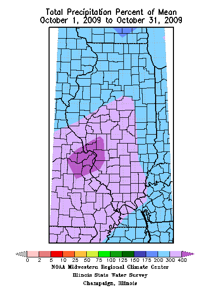 Illinois Rainfall in October, percent of normal